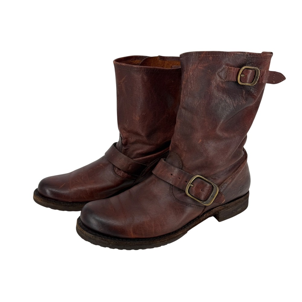 Frye Veronica Short Engineer Moto Boots Women 8.5 Brown Leather Mid Calf Buckle